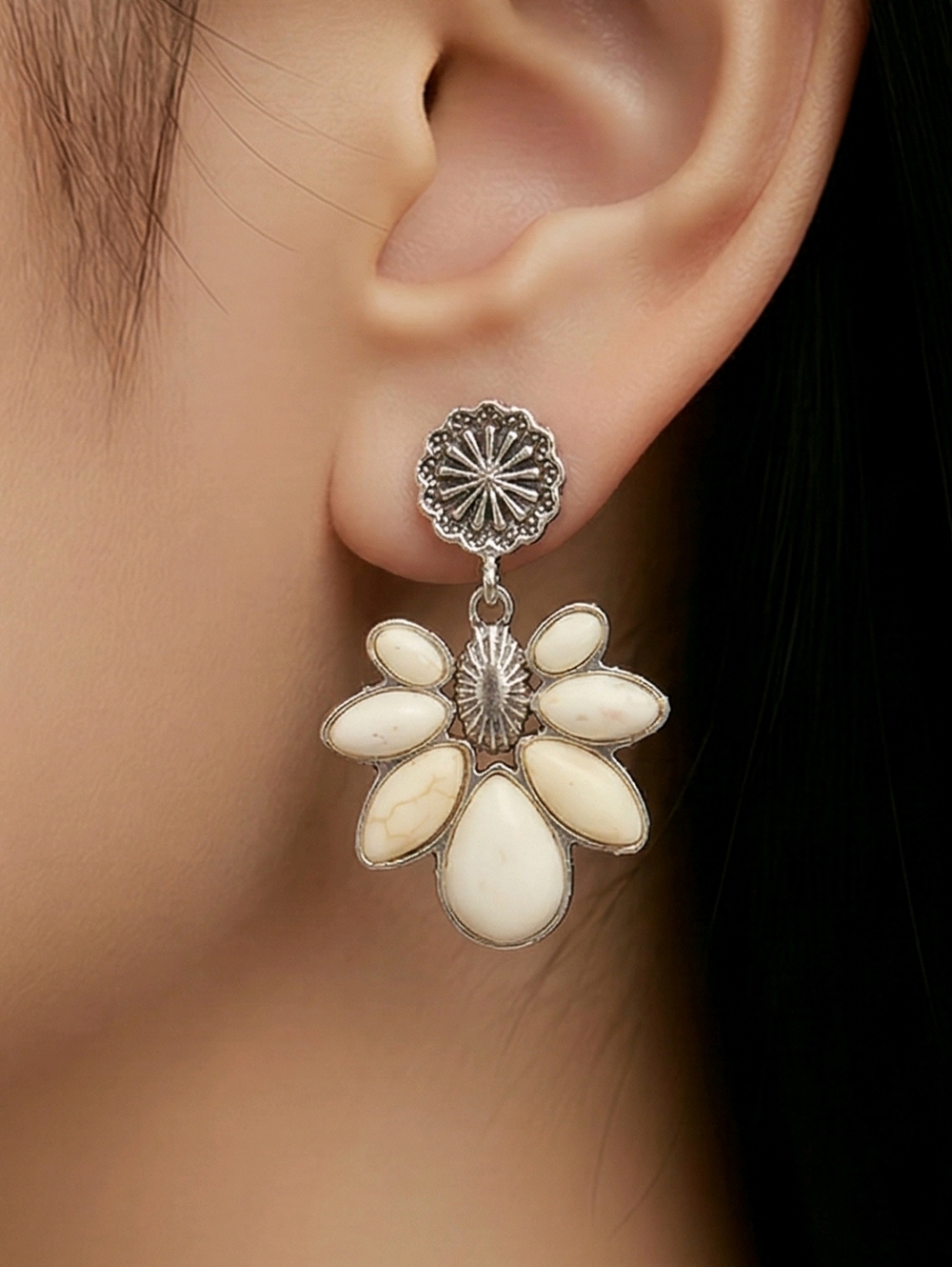Ivory Flower Earrings Western Boho Silver Concho Dangle Desert Cowgirl Chic